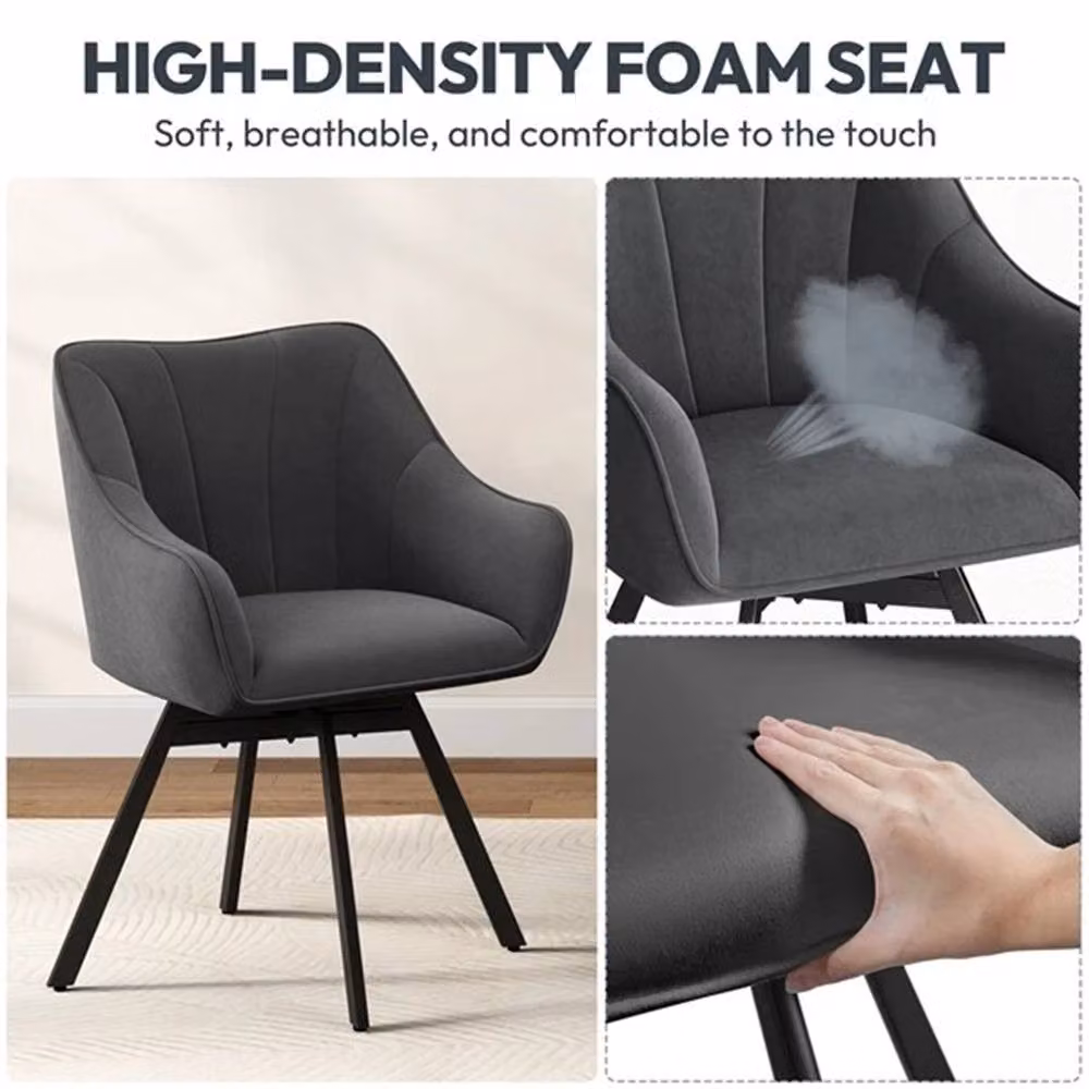 KORVIXA Grey Velvet Swivel Dining Chair with Armrests and Backrest – 4