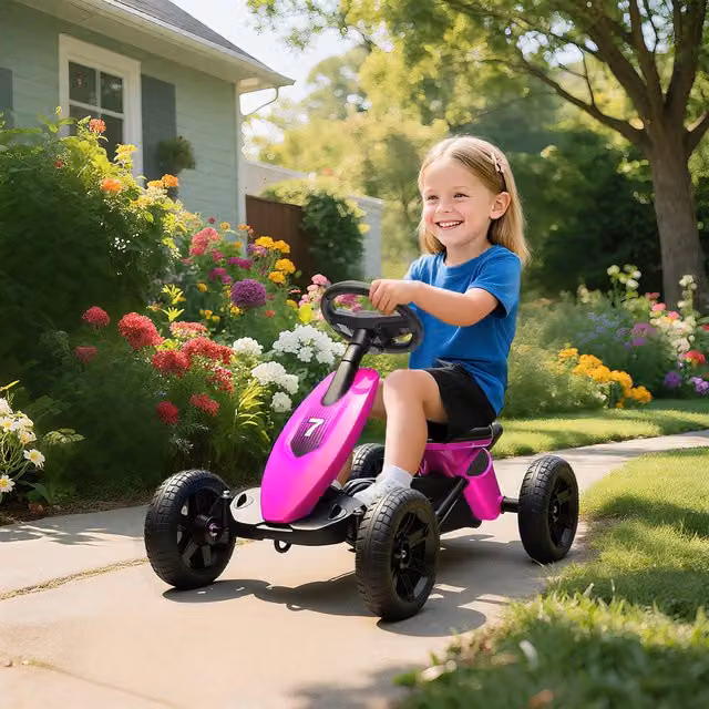 AIYAPLAY Kids Pedal Go-Kart with Silent EVA Foam Wheels in Pink