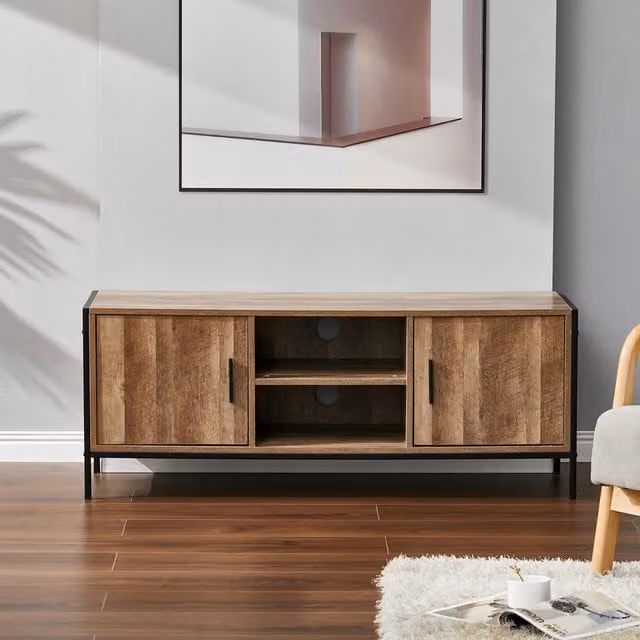 Livingandhome Rustic Brown TV Unit Console Cabinet with Two Doors and Metal Frame