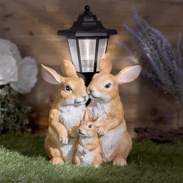 GloBrite Solar Rabbit Family Garden Lantern in Black Resin, Height: 38 cm