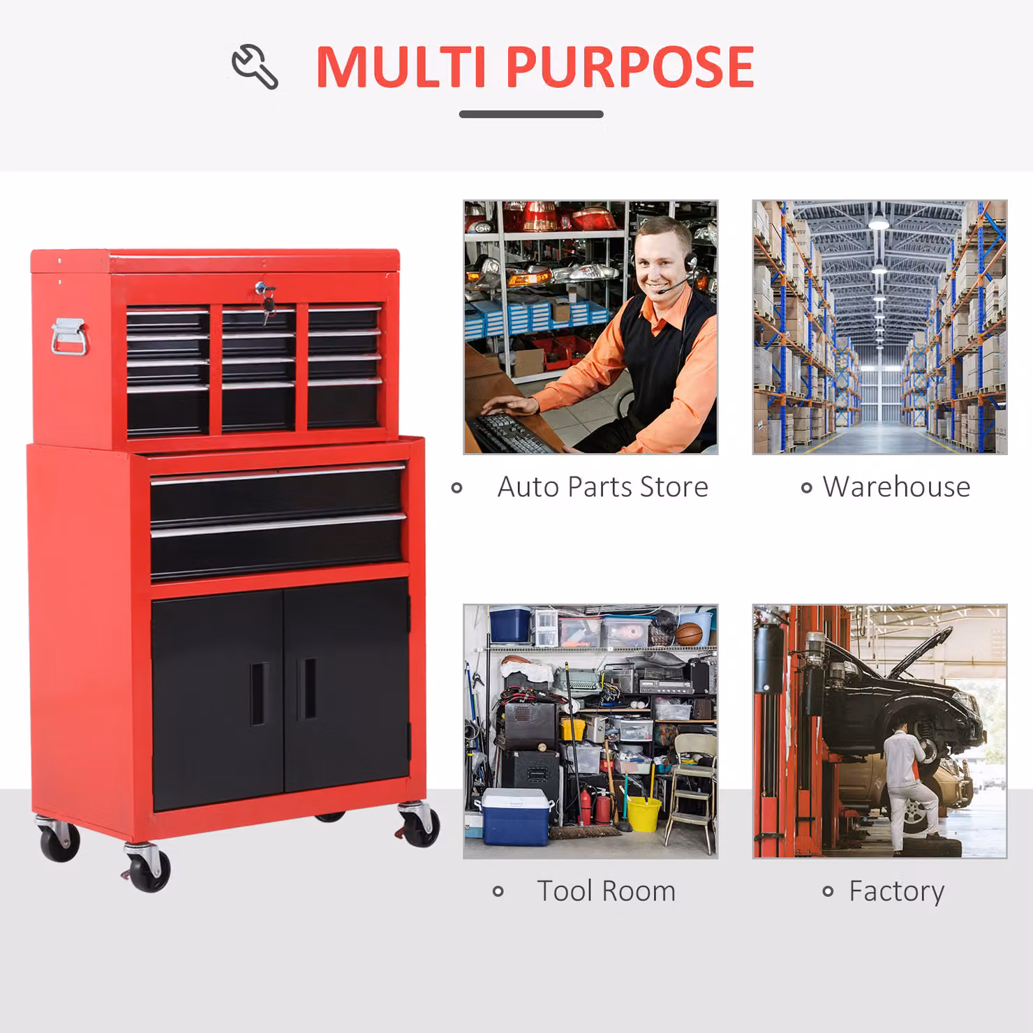 HOMCOM Red Metal Tool Chest with 6 Drawers, Pegboard and Lockable Roller Cabinet, W: 61.6 cm, D: 33 cm, H: 108 cm – 5