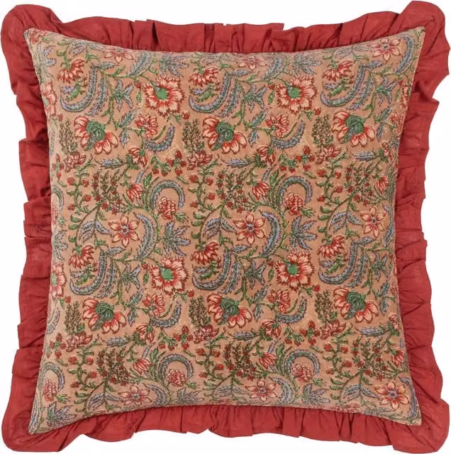 Paoletti 1973 Floral Cotton Velvet Square Cushion in Pink and Multicolour with Feather Filling