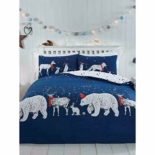 Rapport Home Christmas Polar Bears and Friends Reversible Duvet Cover and Pillowcase Set in Blue and Red, W/D/H: 200 x 200 cm and 50 x 75 cm