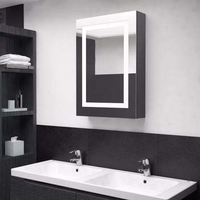 Berkfield Home Grey LED Bathroom Mirror Cabinet with Internal Shelves, W/D/H: 50 x 13 x 70 cm