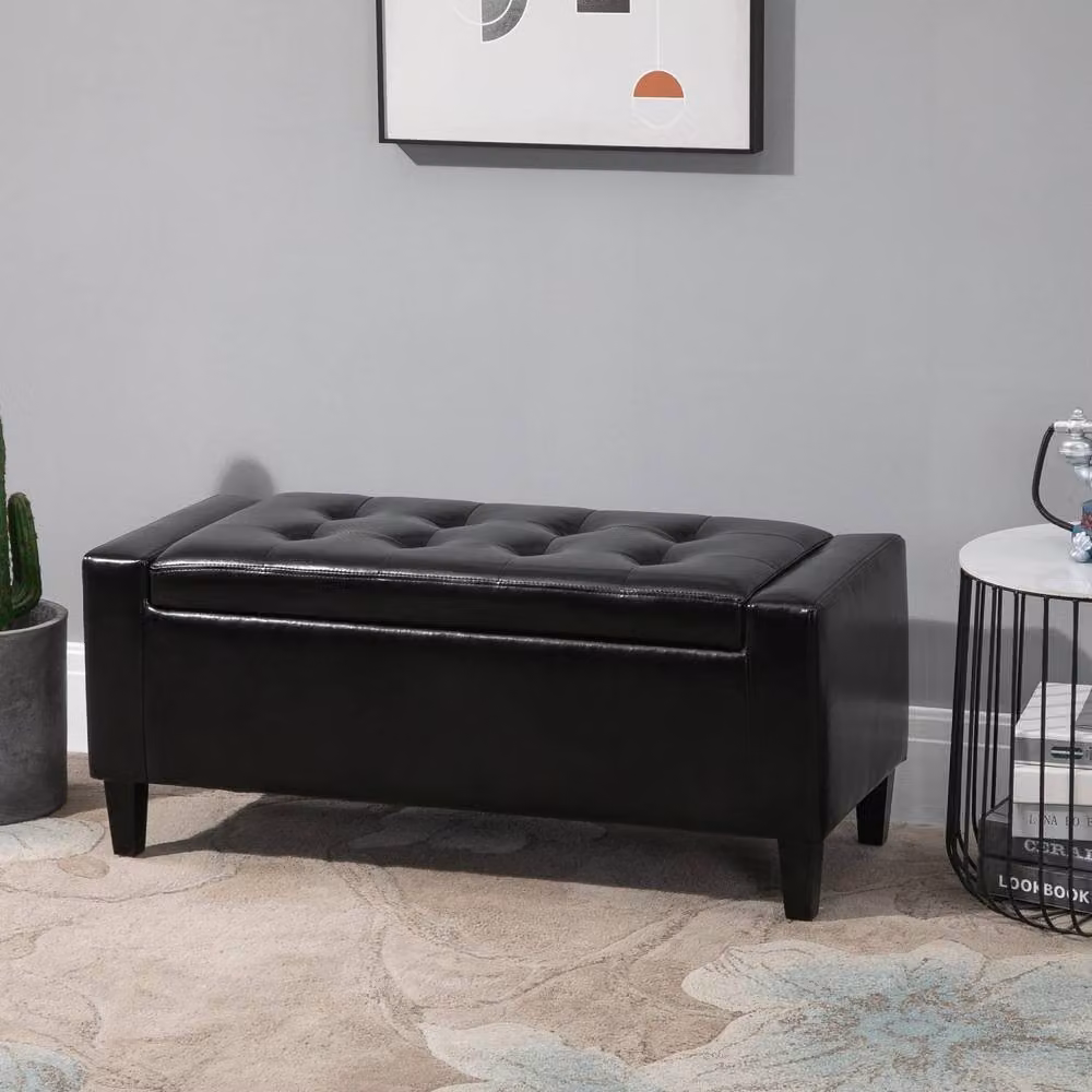 Wyld Haus Sabata Black Faux Leather Diamond Tufted Storage Ottoman Bench with Lift Up Lid – 3