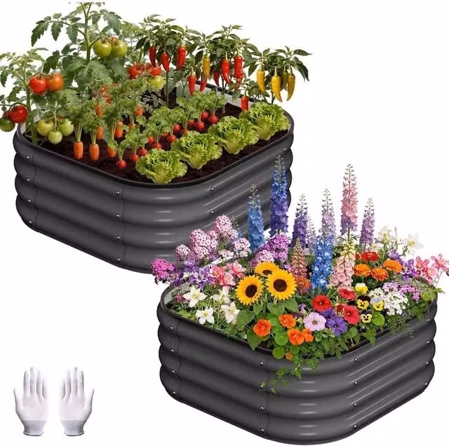 VOGREX 2-Piece Galvanised Steel Raised Garden Bed Set with Rubber Edge Trim in Black, W/D/H: 60.96 x 60.96 x 30.48 cm – 1