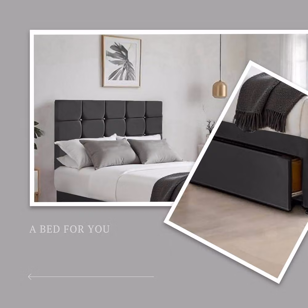 Bed Time UK Plush Divan Bed with 2 Drawers, 20" Cubic Headboard and Hybrid Mattress in Black, W/D: 120 x 200 cm – 2