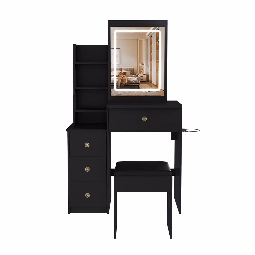 AKI HAUS Black 4-Drawer Dressing Table with LED Mirror and Stool – 2