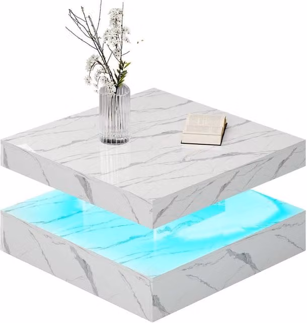 KEEPREAPER Modern Square Coffee Table with LED Light and 2-Tier Storage, White Marble Finish – 1