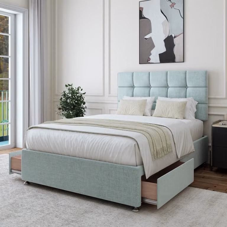 Bedmaster Small Double Upholstered Divan Base with 2 Drawers and Square Headboard in Brown, W/D/H: 120 x 200 cm
