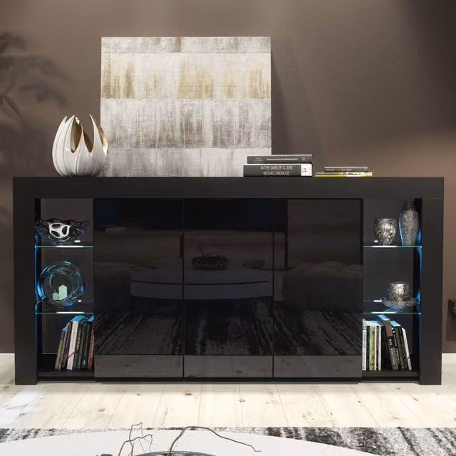 Creative Furniture Eden Sideboard in Black with Glossy Glass Doors and Integrated LED Lighting, W: 164 cm, H: 83 cm, D: 35 cm