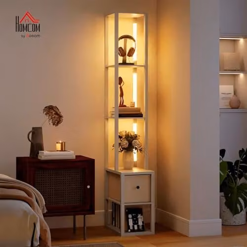 HOMCOM Dimmable LED Floor Lamp with Fabric Shade and Shelves in Oak and White, H: 169 cm, W: 43.5 cm, D: 26.5 cm – 2