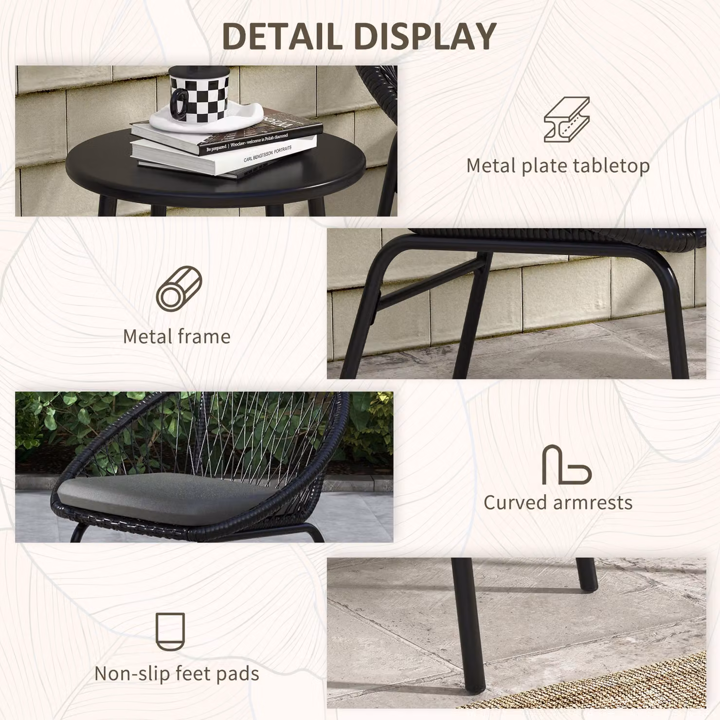 Outsunny 3 Piece Black PE Rattan Bistro Set with Cushions, 2 Armchairs and Round Metal Coffee Table – 6
