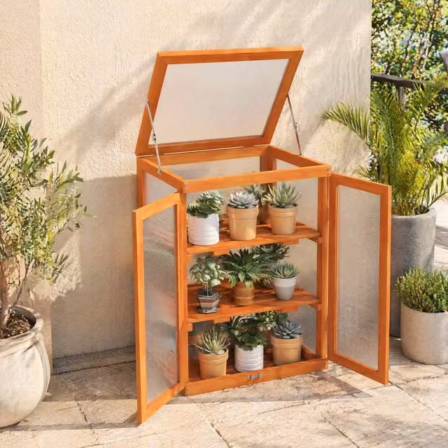 STILVORA Mini Greenhouse with 2 Shelves in Orange and Brown, W/D/H: 58 x 44 x 78 cm