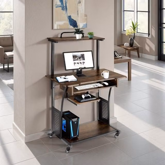 tectake Fife Industrial Computer Desk with 4 Tiers and Rolling Castors in Black and Brown