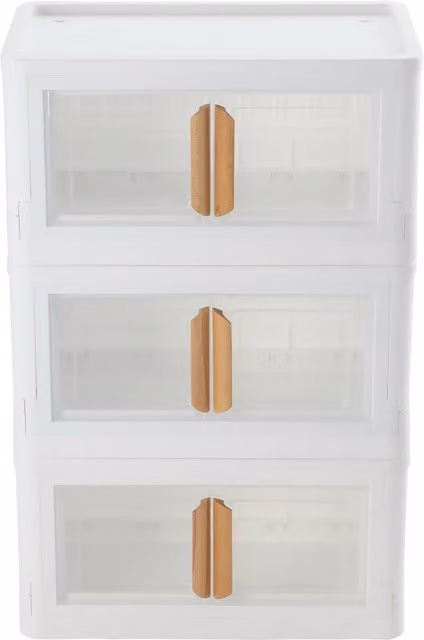 Livingandhome Stackable and Foldable 3-Tier Plastic Storage Box with Lid and Handles, White, 55 cm