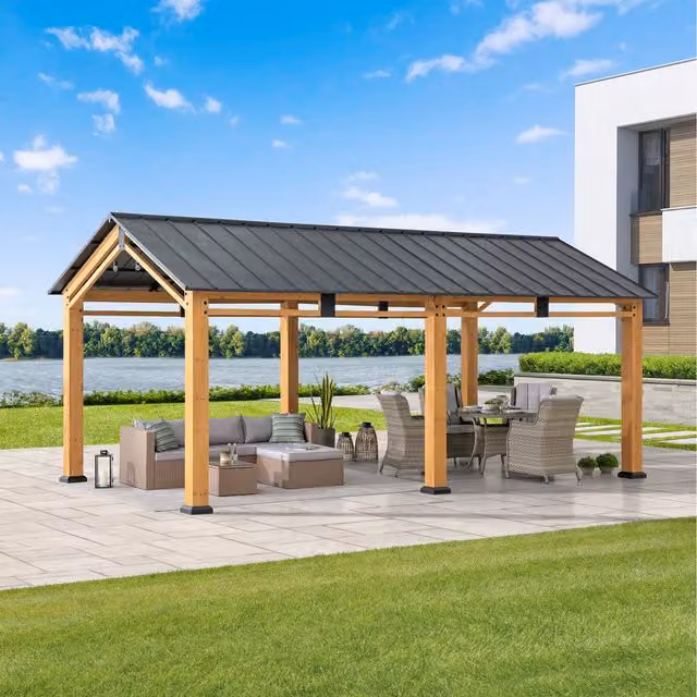 Sunjoy Diran Modern Gable Gazebo in Anthracite with Wood and Metal Construction, W: 6.03 m, D: 3.36 m