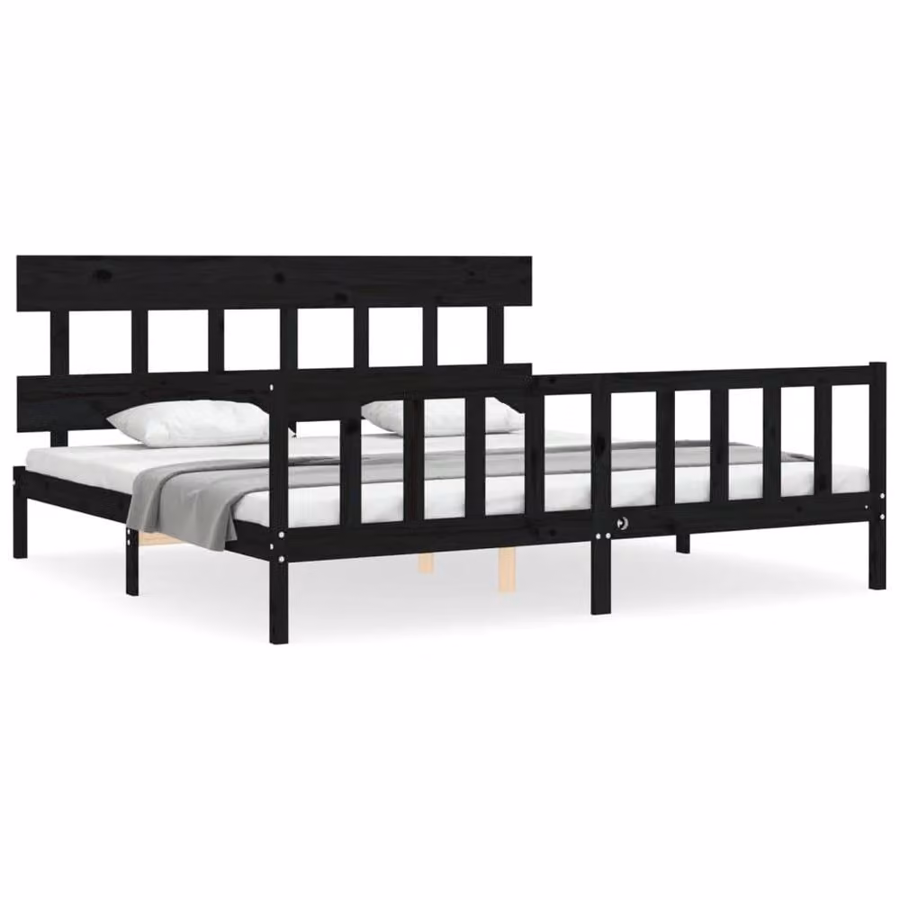 Berkfield Home Beautiful Bed Frame with Headboard in Black Solid Pine Wood W/D/H: 200 x 200 x 205.5 cm – 2