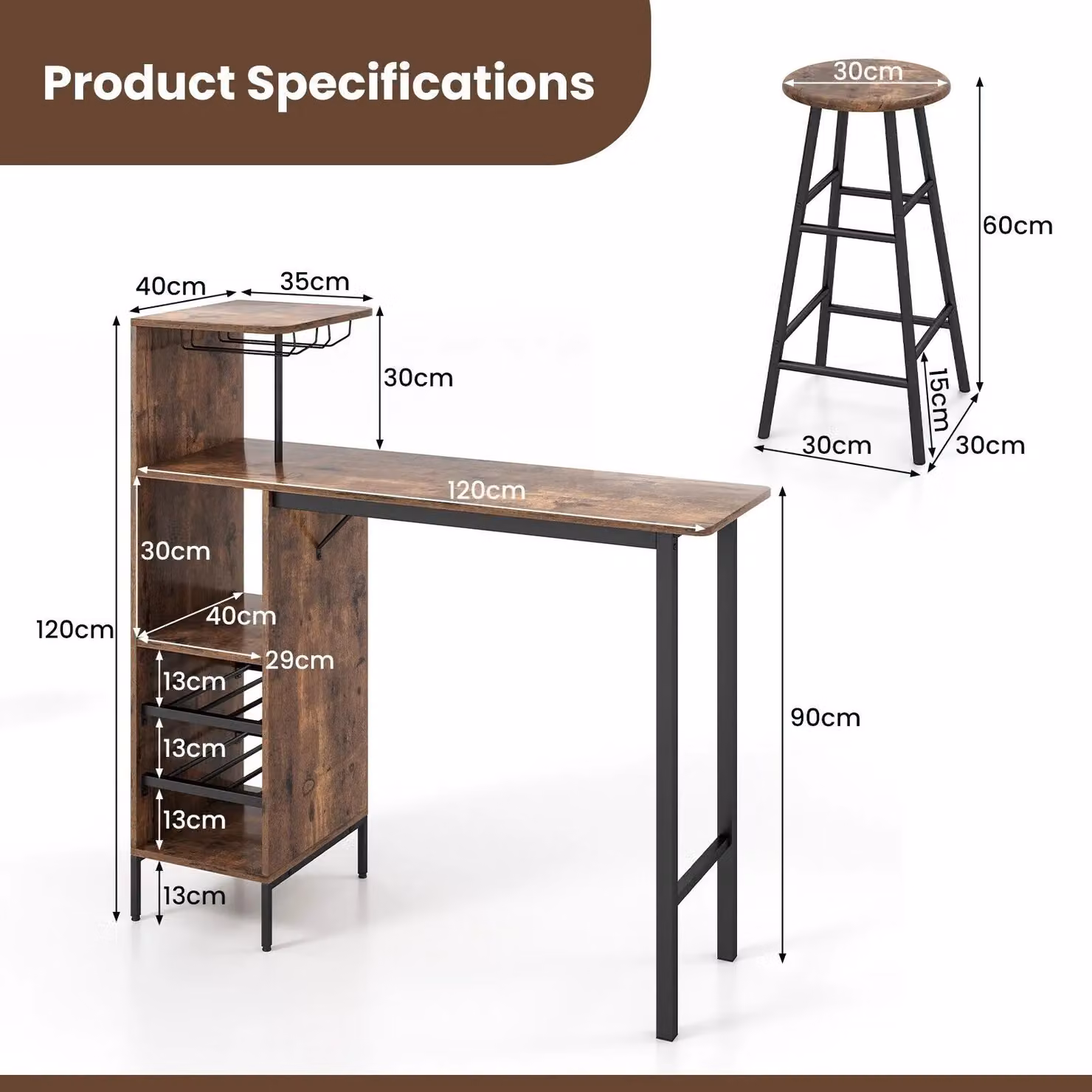 Costway 3-Piece Industrial Bar Table and Chair Set with Glass Holders and Wine Racks in Brown – 2