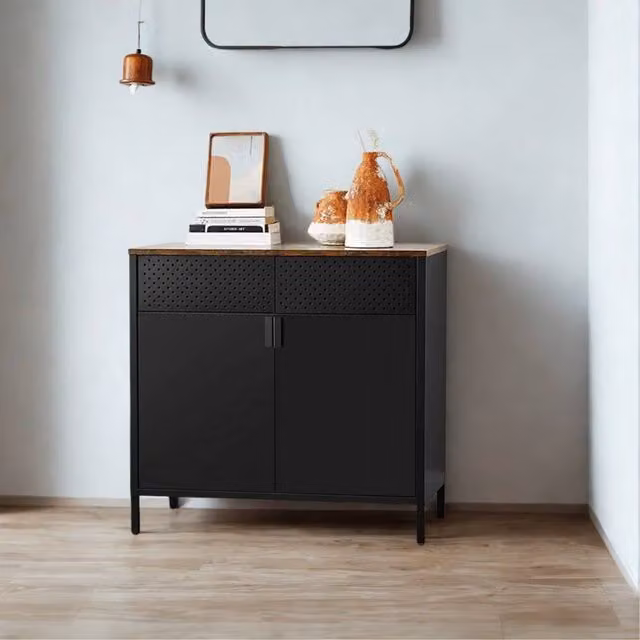 Pirlo Plush Industrial Multipurpose Floor Sideboard Buffet Cabinet in Brown and Black