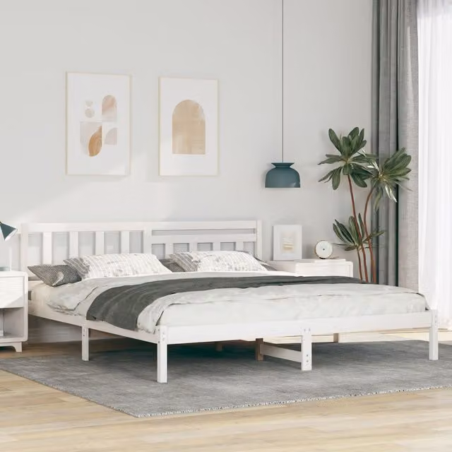 Berkfield Home White Solid Pine Wood Bed with Headboard W: 180 cm, D: 200 cm