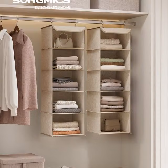 SONGMICS Hanging Wardrobe Shelf Insert Organiser in Brown and Beige Polyester