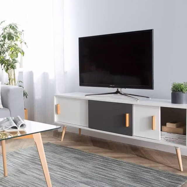 Wyld and Coco Modern Sideboard in White and Grey with Beechwood Legs and 3 Sliding Doors