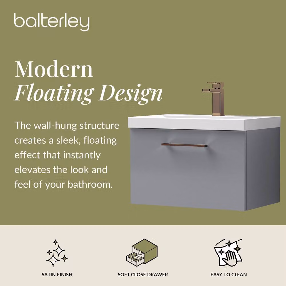 Balterley Modern Wall Hung 1 Drawer Vanity Basin Unit in Satin Grey with Bronze Handle, Width: 60 cm – 2