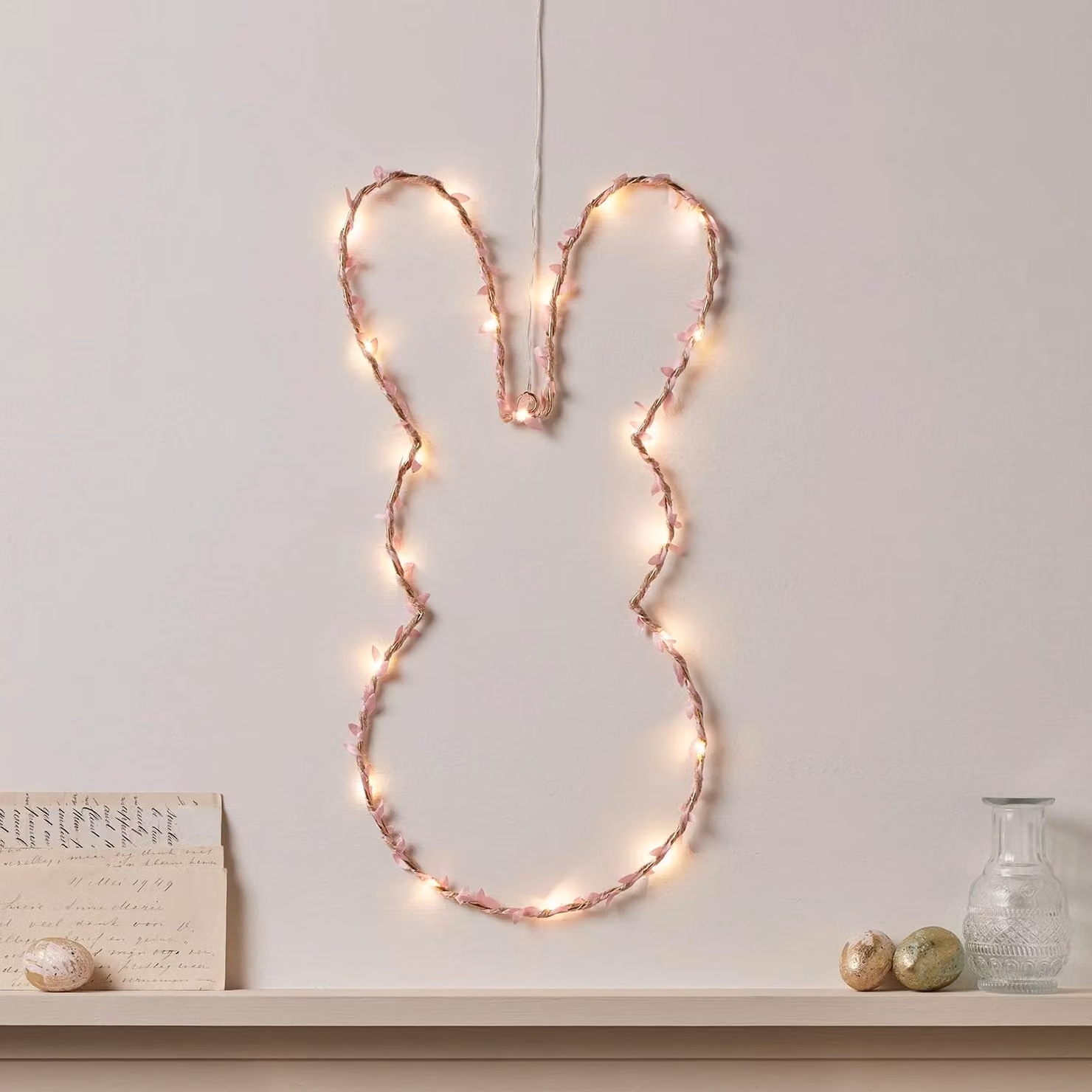 Lights4fun Battery Operated Micro LED Easter Bunny Wall Light Hanging Decoration for Indoor Use, Pink, Gold and White, W/D/H: 50 x 25 x 50 cm – 1