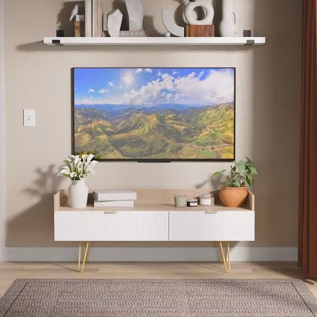 2 U Bexley 2 Drawer Coffee TV Unit in Natural with Gold and White Geometric Accents – 1