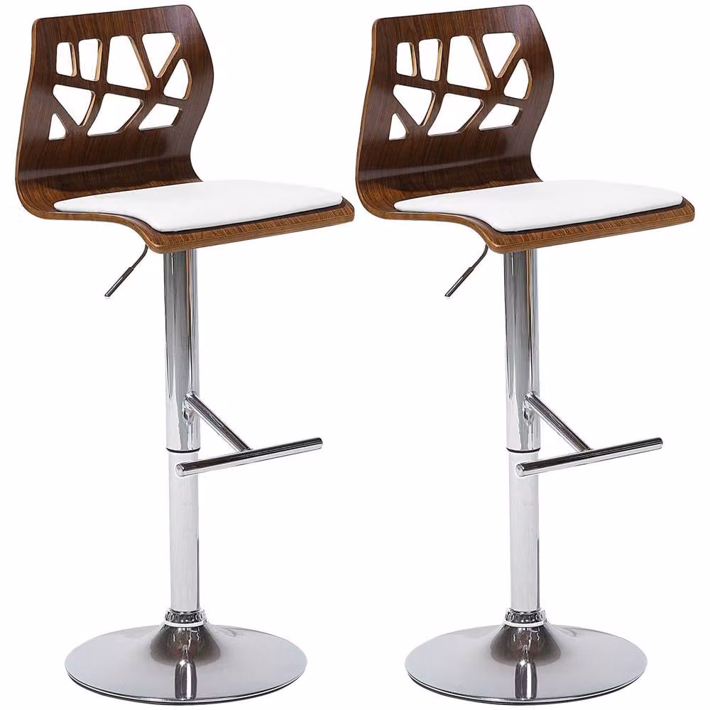 Wyld and Coco 2-Piece Modern Bar Stool Set in Brown and White Faux Leather with 360 Degree Swivel and Gas Lift
