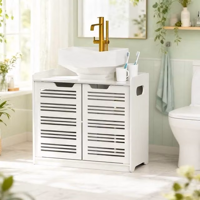 FORGEVIO White Glossy Under-Sink Bathroom Basin Cabinet with Hinged Doors