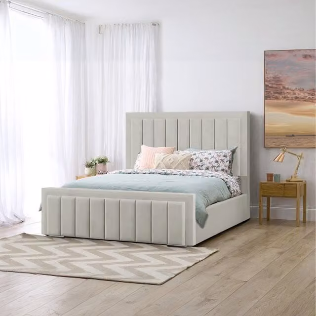 Desire Deco Alondrea Modern Upholstered Velvet Panel Bed in Silver, W: 140 cm, L: 200 cm