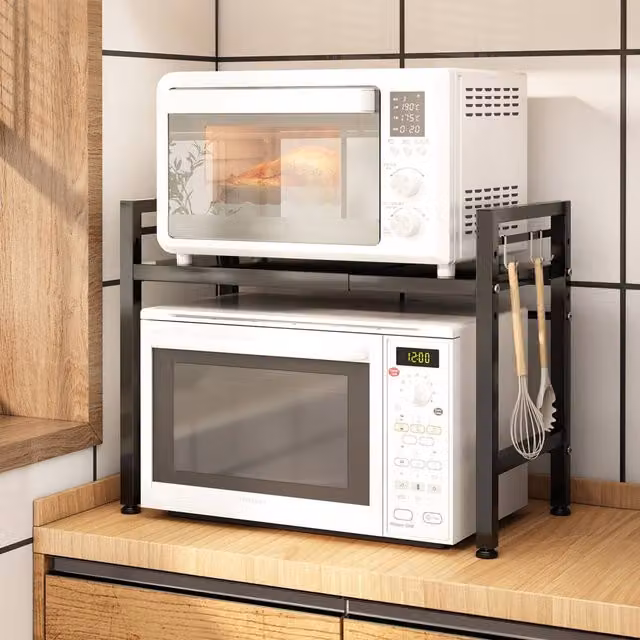 Living and Home 2-Tier Expandable Metal Microwave Oven Rack with Hooks, Black