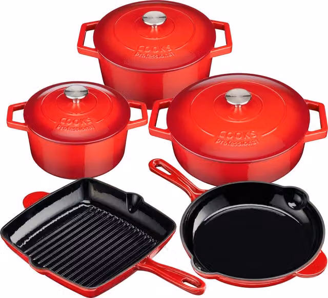 Cooks Professional 5 Piece Enamelled Cast Iron Casserole Dish, Frying Pan and Skillet Set in Red – 1