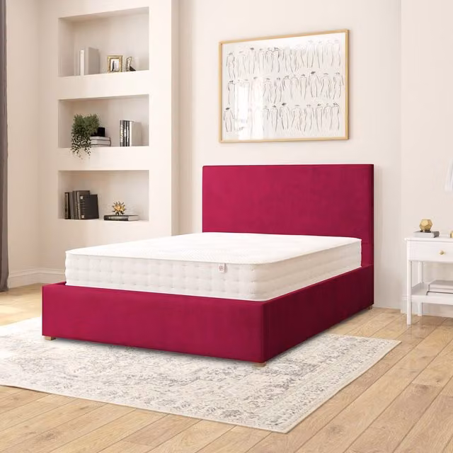 Aspire Garland Plush Velvet Upholstered Ottoman Storage Bed with Lift Up Base, Red/Pink, W/D/H: 140 x 200 cm