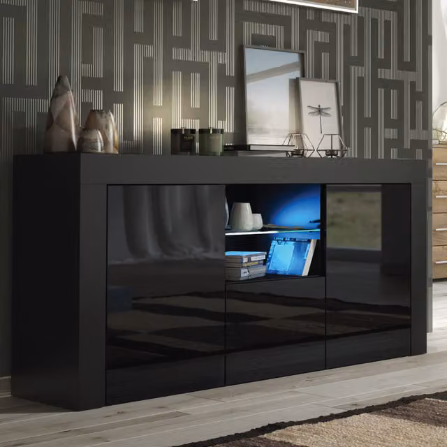 Creative Furniture Aurora Modern Glossy Black Sideboard with Integrated Lighting, W: 145 cm