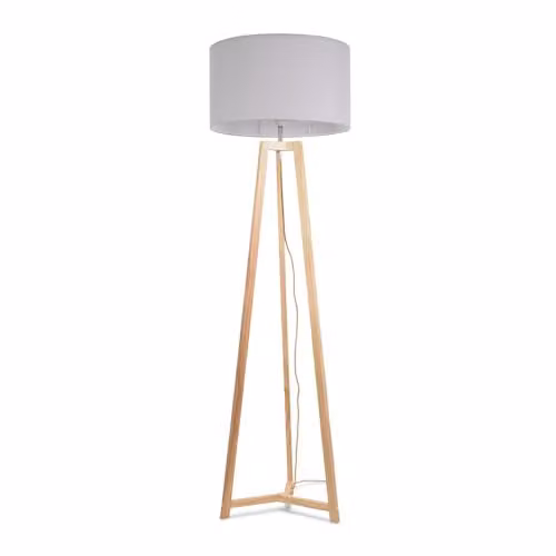 ValueLights Lottie Tripod Floor Lamp with Natural Wood Base and Grey Fabric Drum Shade – 1