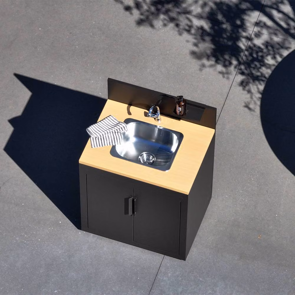 sweeek Outdoor Kitchen in Black with Steel and Wood Decor, 1 Sink, 2 Doors and 1 Hook, W: 80 cm, D: 60 cm, H: 110 cm – 4