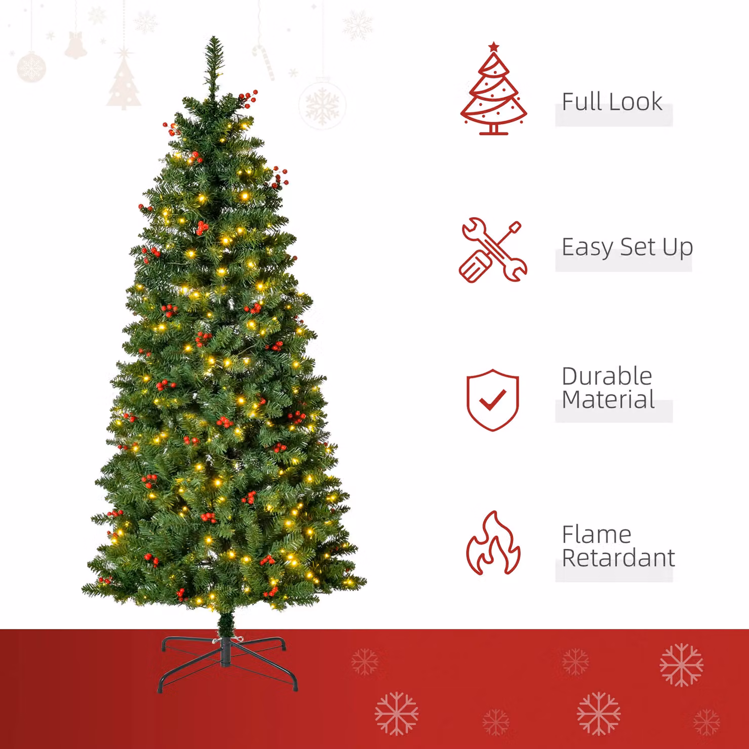 HOMCOM 5ft Artificial Pencil Christmas Tree with LED Lights and Berry Decor in Green, Height: 152.4 cm – 3