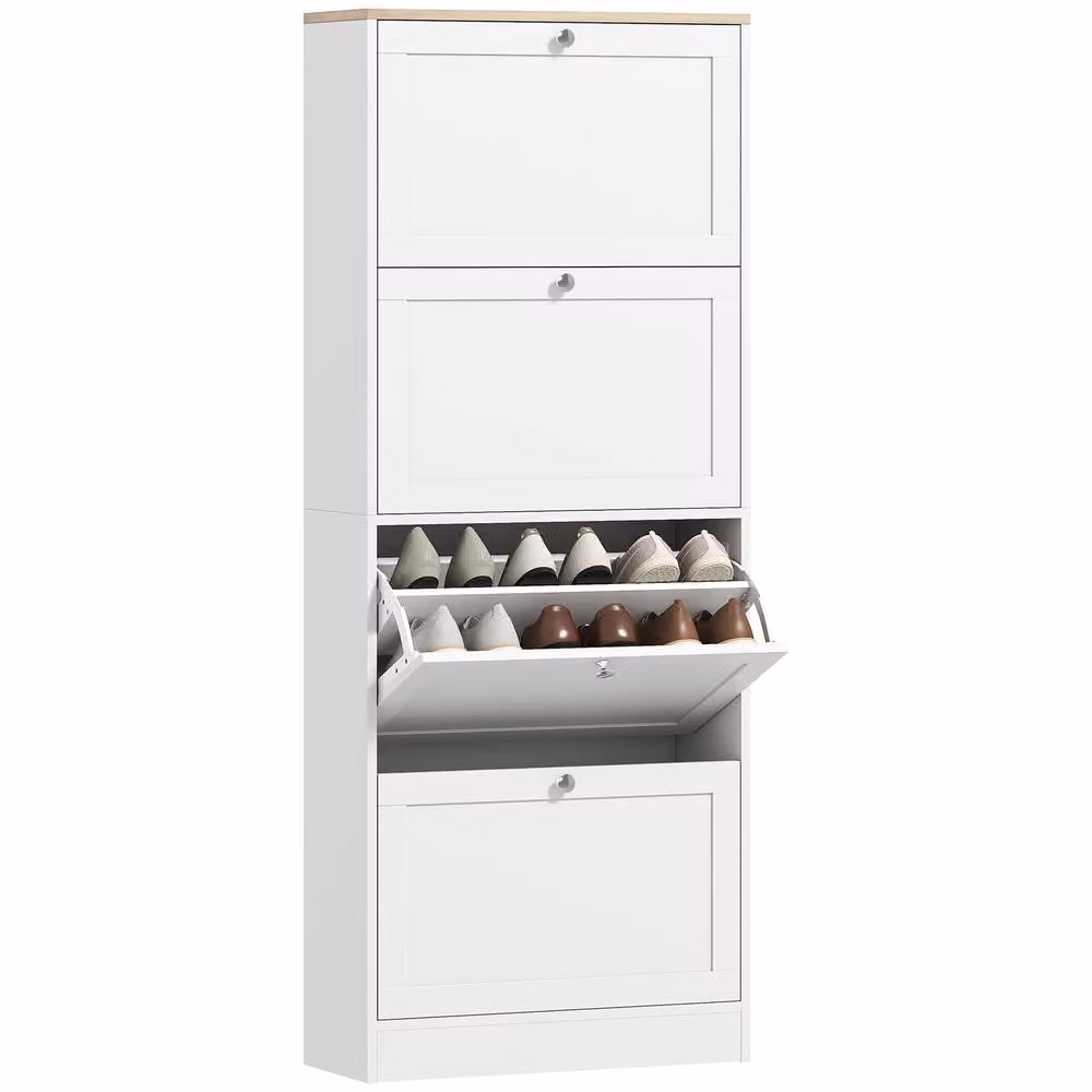 HOMCOM Narrow White Shoe Cabinet with 4 Tilting Compartments for 24 Pairs of Shoes – 2