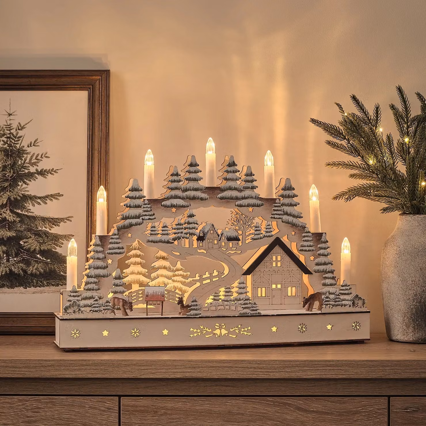 Lights4fun Pre Lit Winter Village Scene Wooden Candle Bridge in White, W/D/H: 44.5 x 30.0 x 9.5 cm