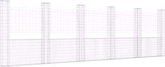 Berkfield Home U-shape Iron Gabion Basket with 6 Posts, Silver, W/D/H: 620 x 20 x 200 cm