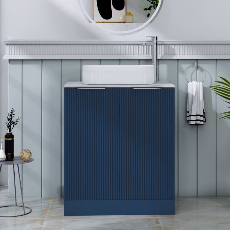 Royal Bathrooms Evora Midnight Blue Fluted Floor Standing 2 Door Vanity Unit with Lyon Stone Basin, W: 70 cm