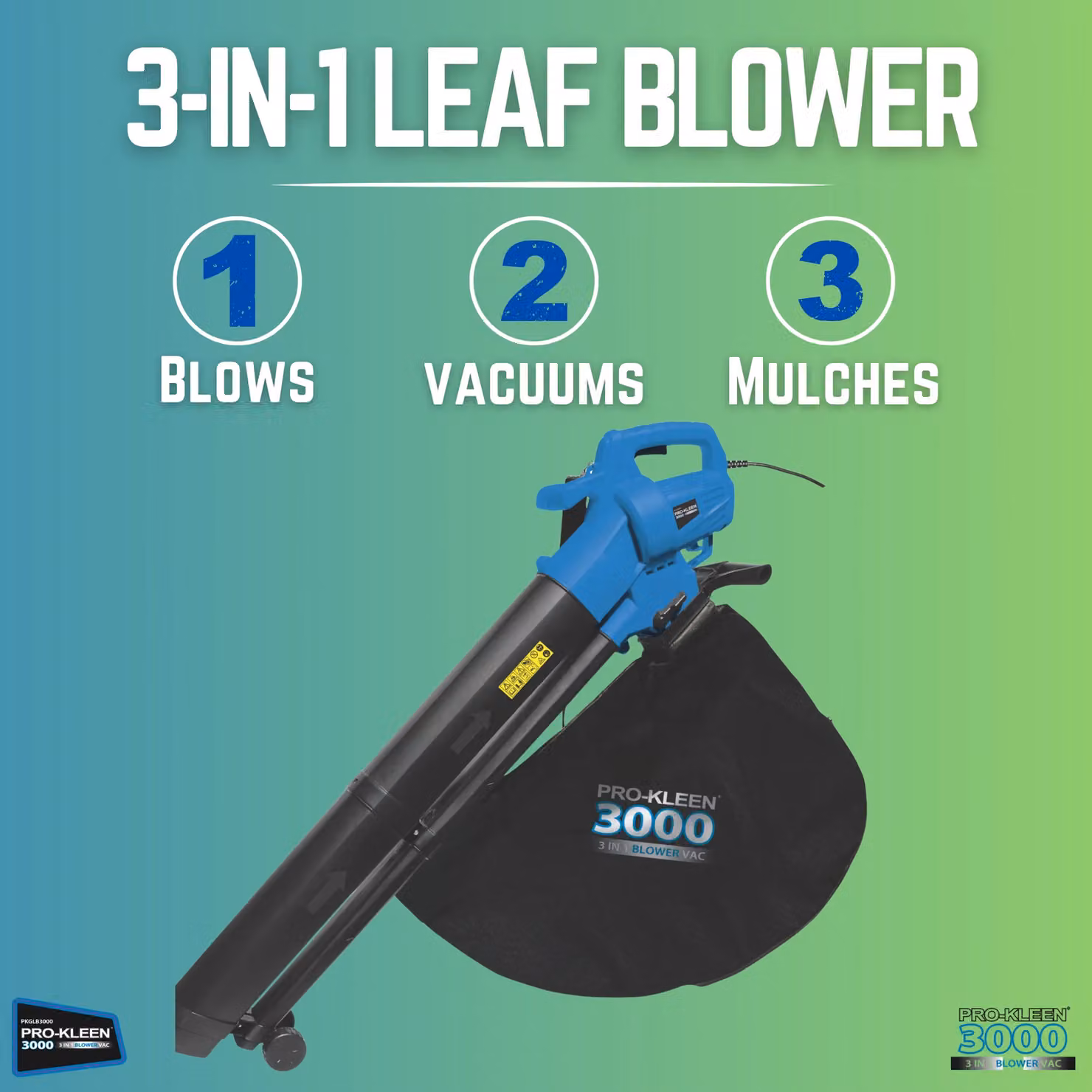 Pro-Kleen Corded Leaf Blower and Vacuum Shredder Mulcher with 2 x 35L Bags in Black and Blue – 2