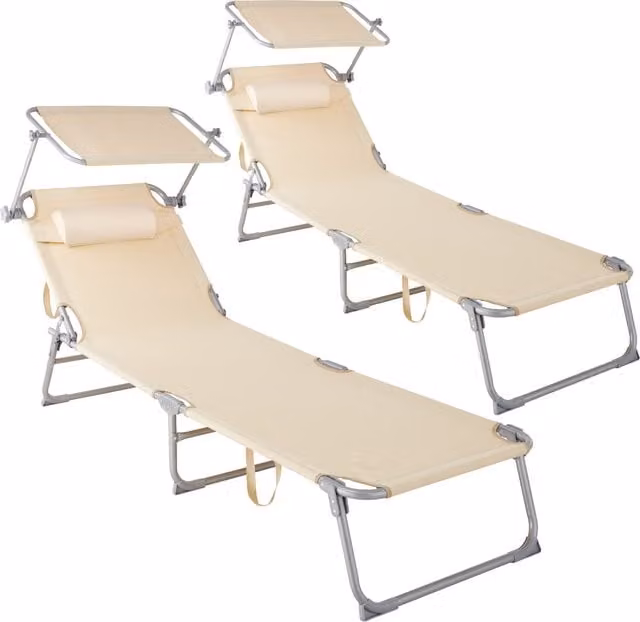 tectake Chlo Set of 2 Sun Loungers in Yellow with Sun Canopy and Adjustable Headrest