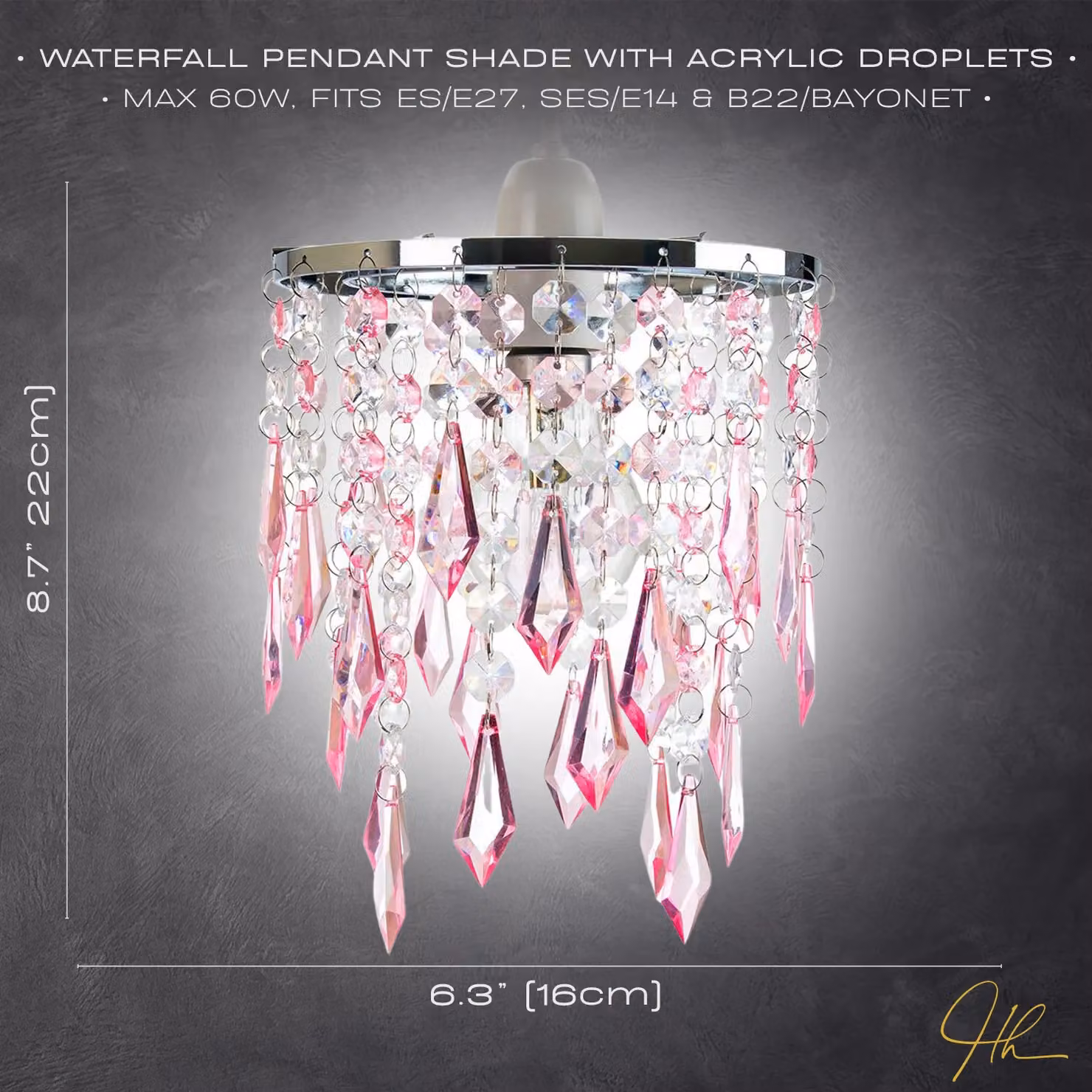 Happy Homewares Modern Waterfall Design Pendant Shade with Pink and Transparent Acrylic Droplets and Beads – 2