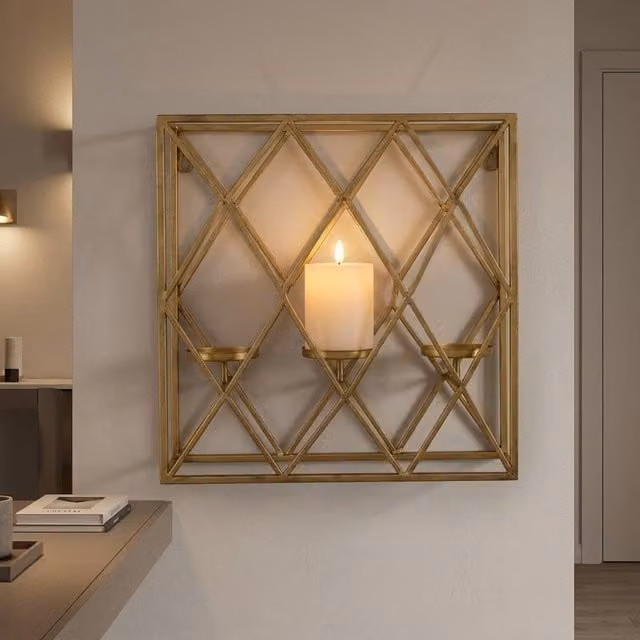 Garden Greatness Maison Mounted Square Criss-Cross Pillar Candle Holder in Gold and Multicolour Metal