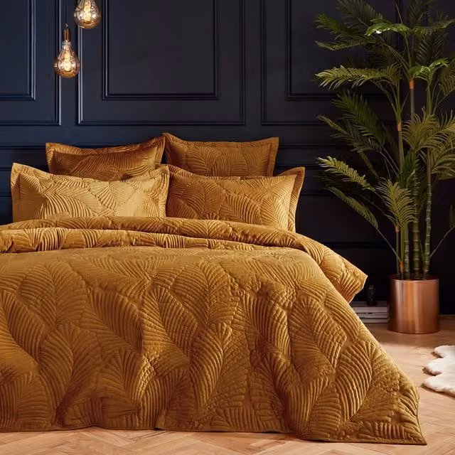 Paoletti Palmeria Gold Quilted Velvet and Cotton Duvet Cover and Pillowcase Set, W: 200 cm x H: 200 cm