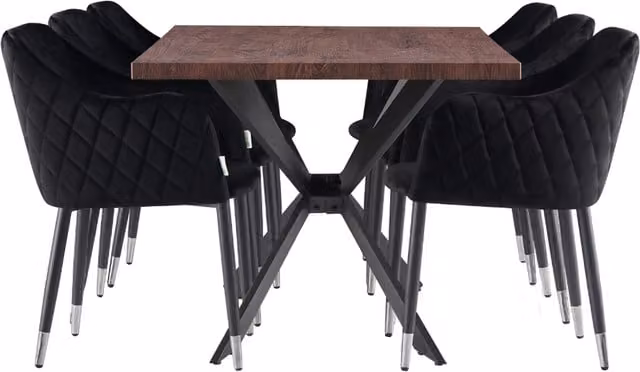Life Interiors Verona Duke LUX Dining Set with Rectangular Wood Table and 6 Black Velvet Chairs
